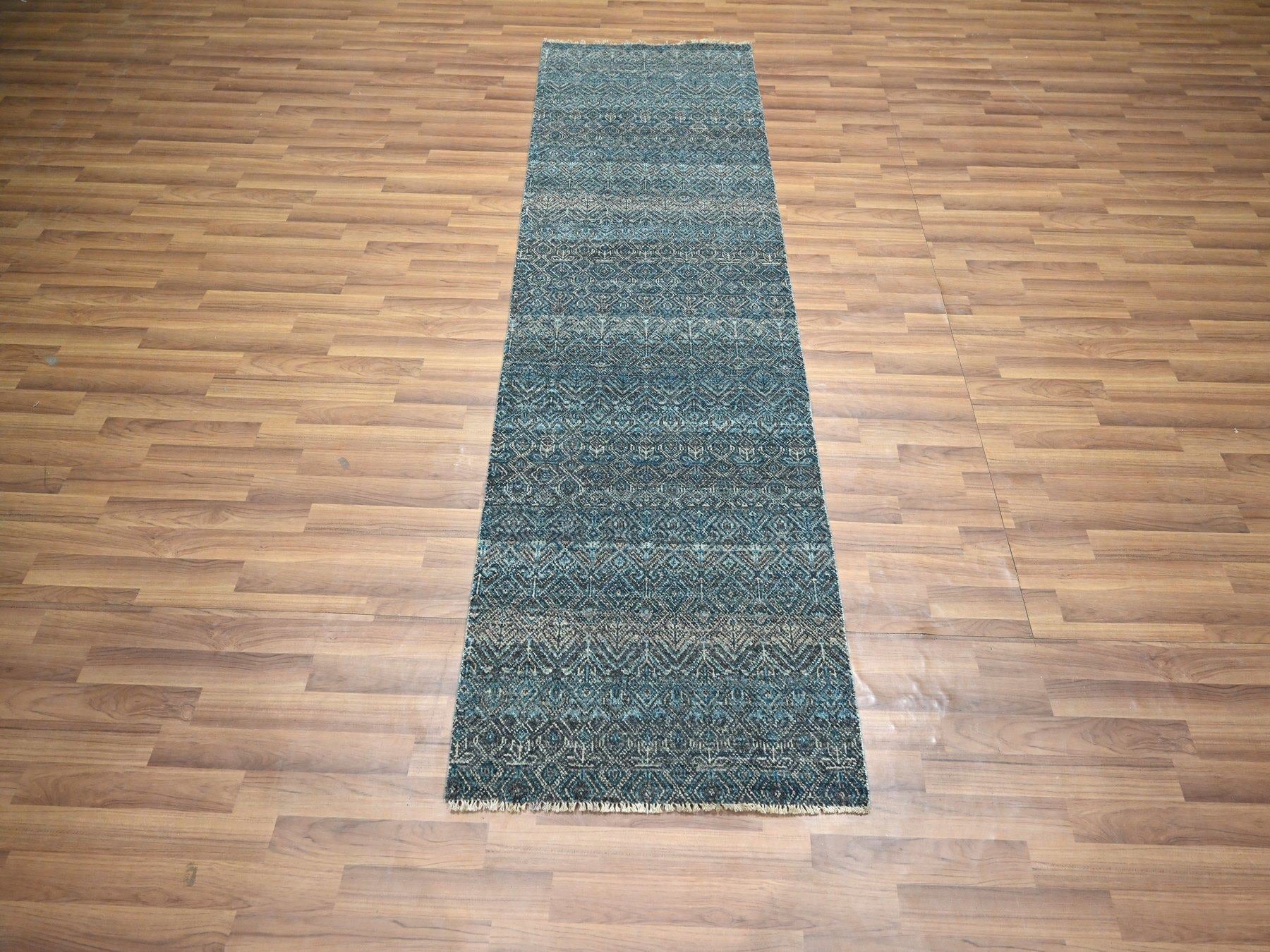 Blue 2'7" x 7'7" Modern and Contemporary Hand knotted Wool Rug - Sku: O076392