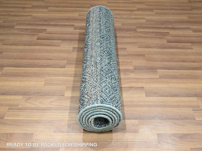 Blue 2'7" x 7'7" Modern and Contemporary Hand knotted Wool Rug - Sku: O076392