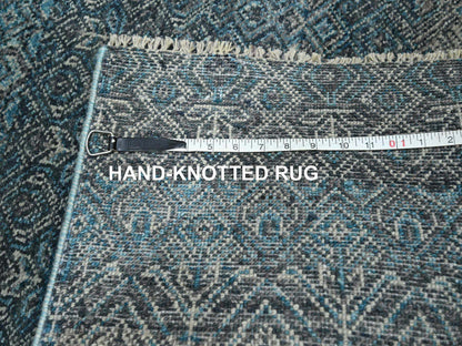 Blue 2'7" x 7'7" Modern and Contemporary Hand knotted Wool Rug - Sku: O076392