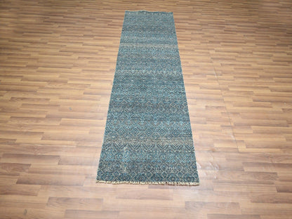 Blue 2'8" x 8'0" Modern and Contemporary Hand knotted Wool Rug - Sku: O076393
