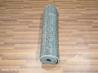Blue 2'8" x 8'0" Modern and Contemporary Hand knotted Wool Rug - Sku: O076393