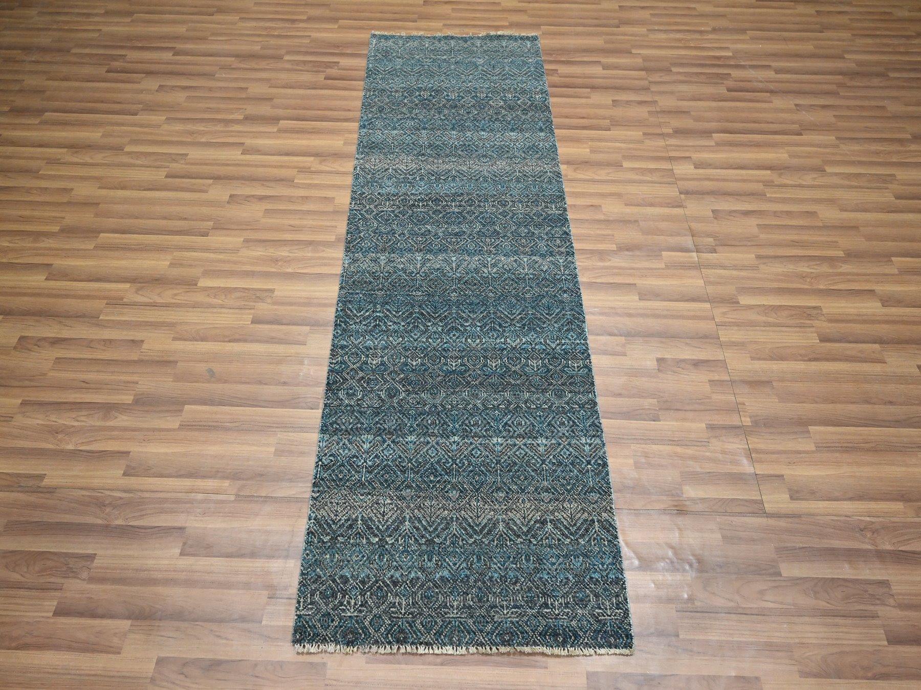 Blue 2'6" x 7'7" Modern and Contemporary Hand knotted Wool Rug - Sku: O076394