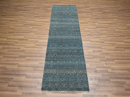 Blue 2'6" x 7'7" Modern and Contemporary Hand knotted Wool Rug - Sku: O076394