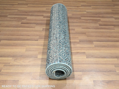 Blue 2'6" x 7'7" Modern and Contemporary Hand knotted Wool Rug - Sku: O076394
