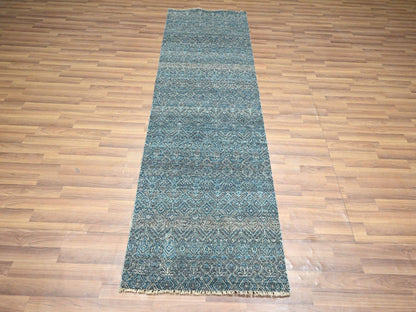 Blue 2'6" x 7'8" Modern and Contemporary Hand knotted Wool Rug - Sku: O076395