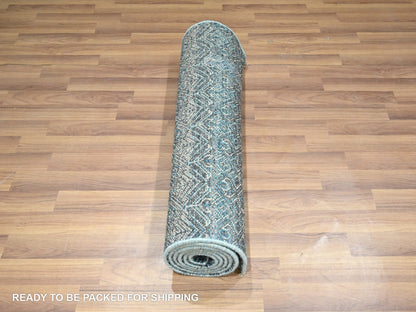 Blue 2'6" x 7'8" Modern and Contemporary Hand knotted Wool Rug - Sku: O076395