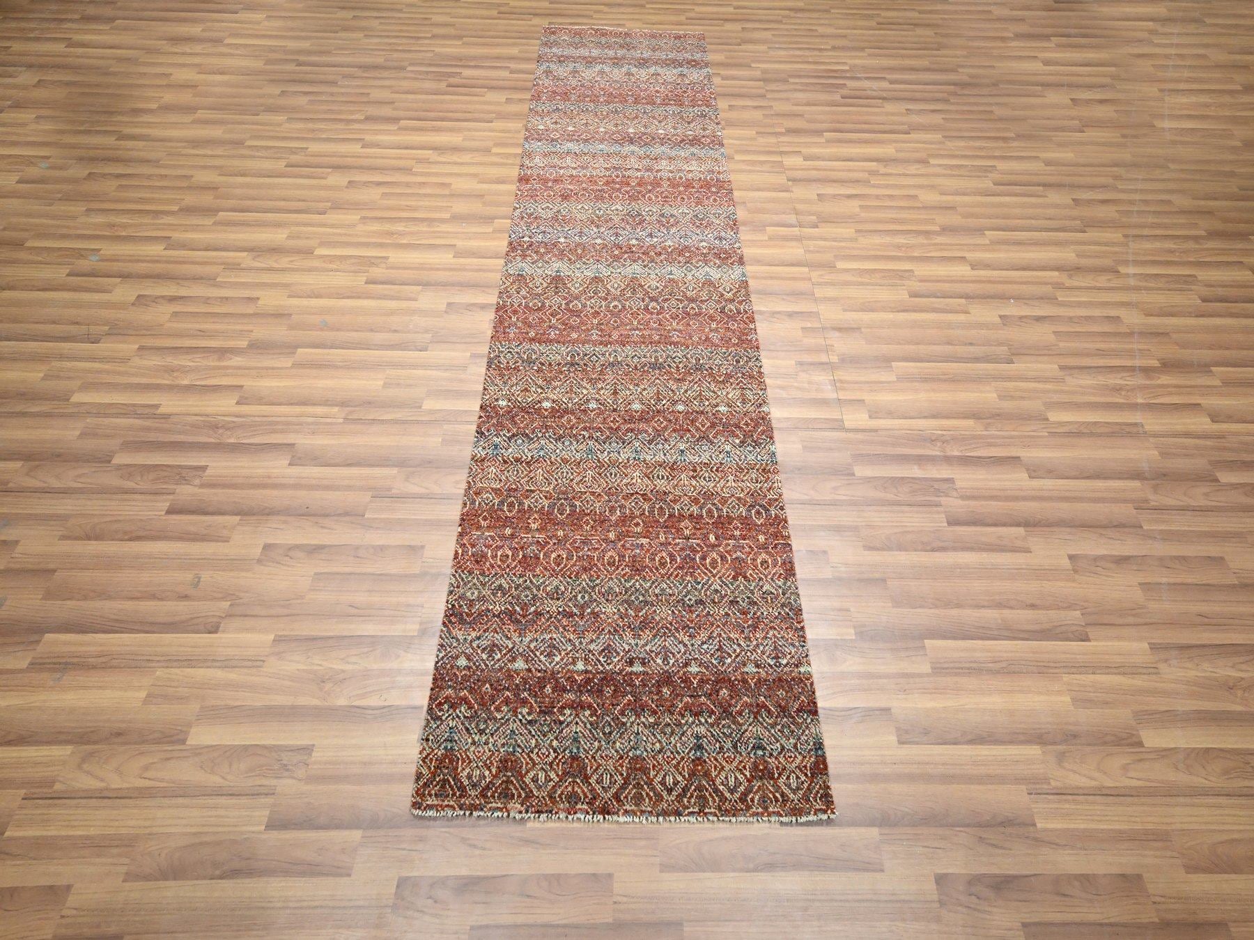 Modern / Contemporary hand-knotted wool runner in Red, 2'7" x 10'2" — SKU O076397 (view 2)