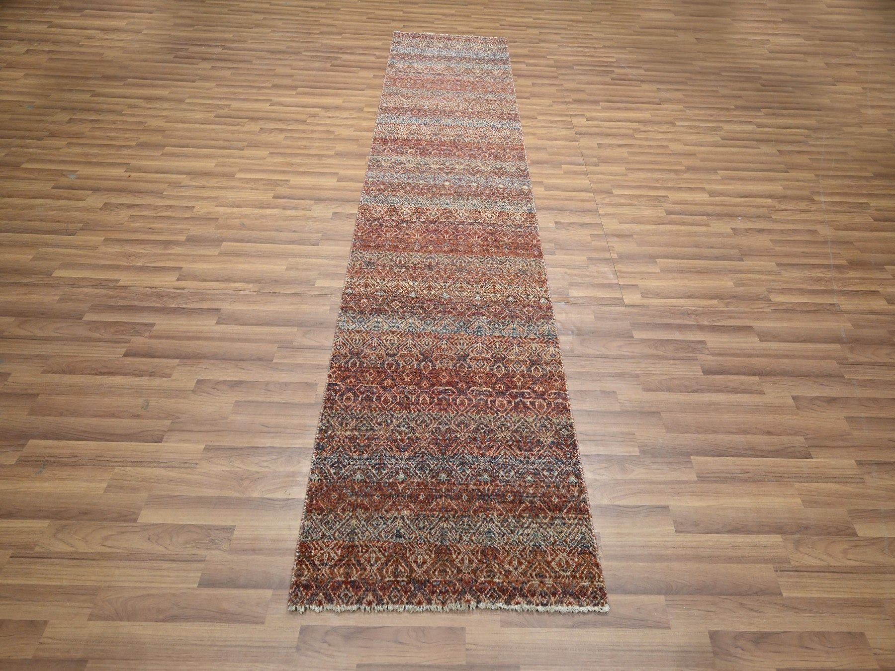 Modern / Contemporary hand-knotted wool runner in Red, 2'6" x 10'2" — SKU O076401 (view 2)