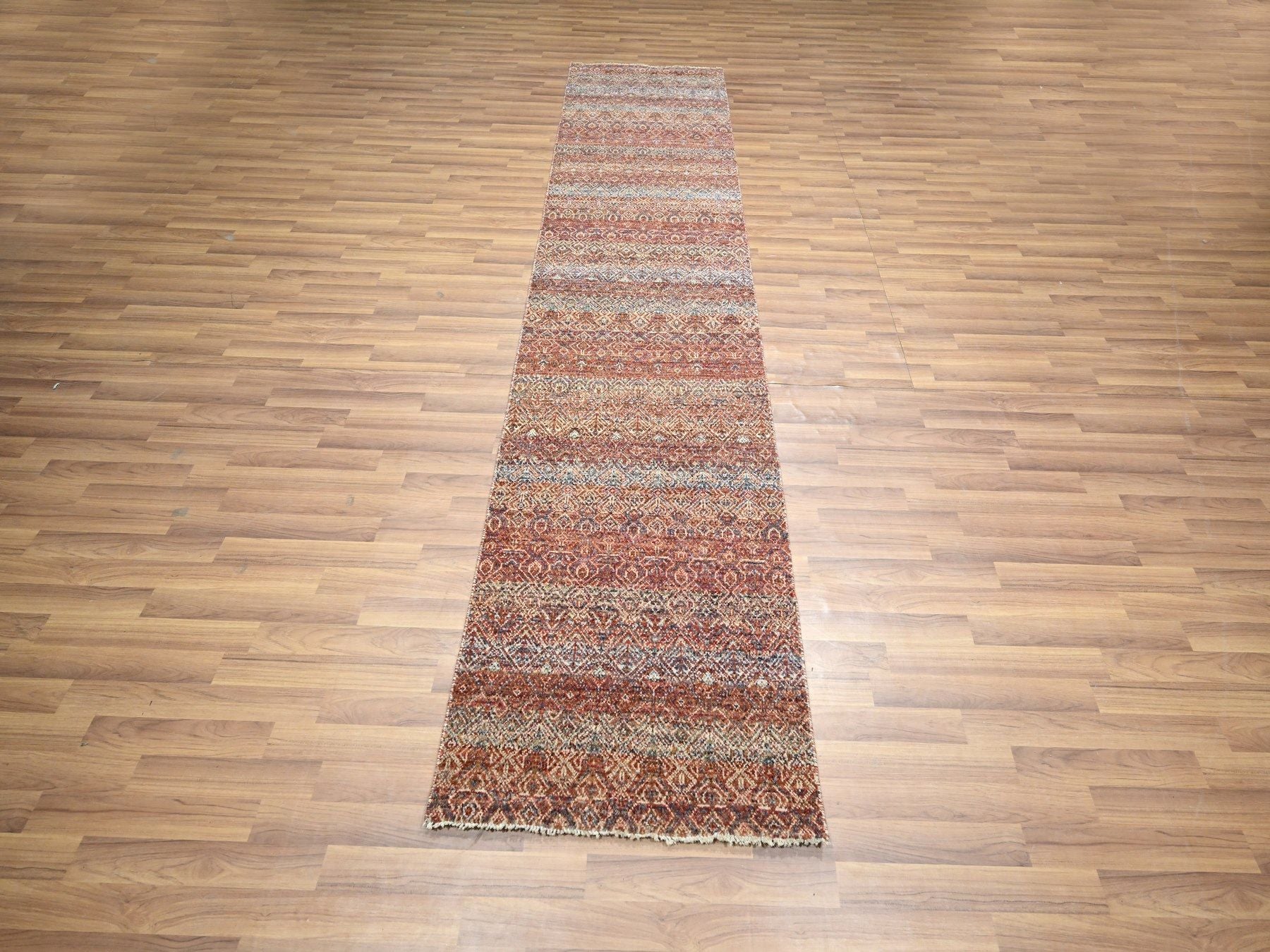 Modern / Contemporary hand-knotted wool runner in Red, 2'6" x 10'2" — SKU O076406 (view 2)