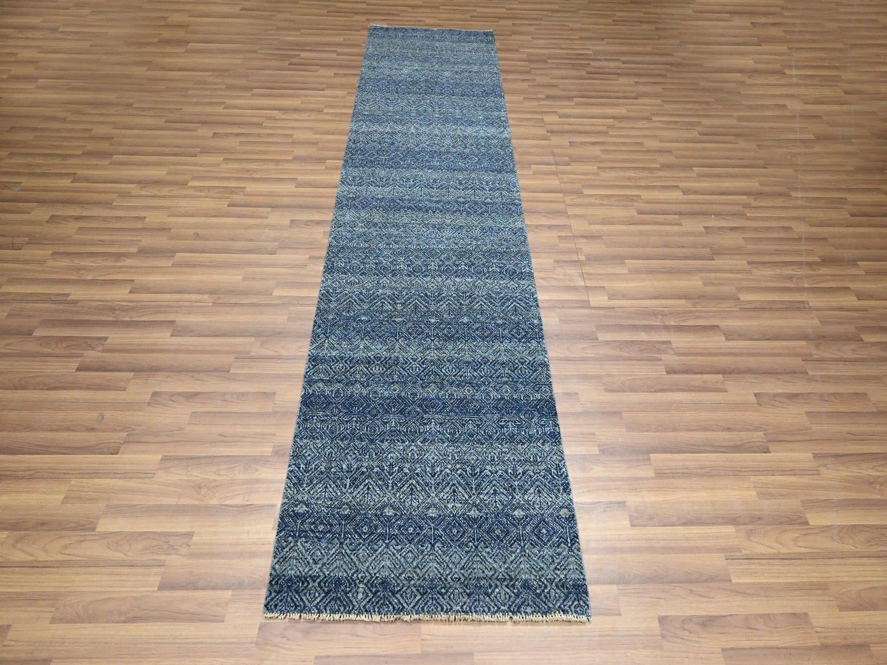 Blue 2'7" x 10'2" Modern and Contemporary Hand knotted Wool Rug - Sku: O076413