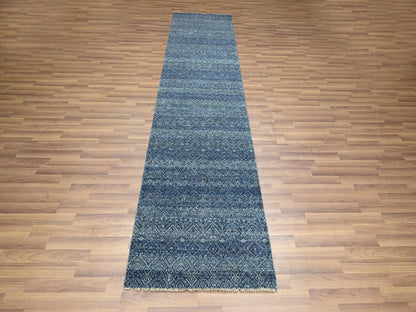 Blue 2'7" x 10'2" Modern and Contemporary Hand knotted Wool Rug - Sku: O076413