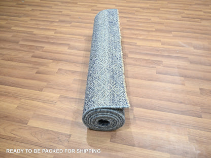 Blue 2'7" x 10'2" Modern and Contemporary Hand knotted Wool Rug - Sku: O076413