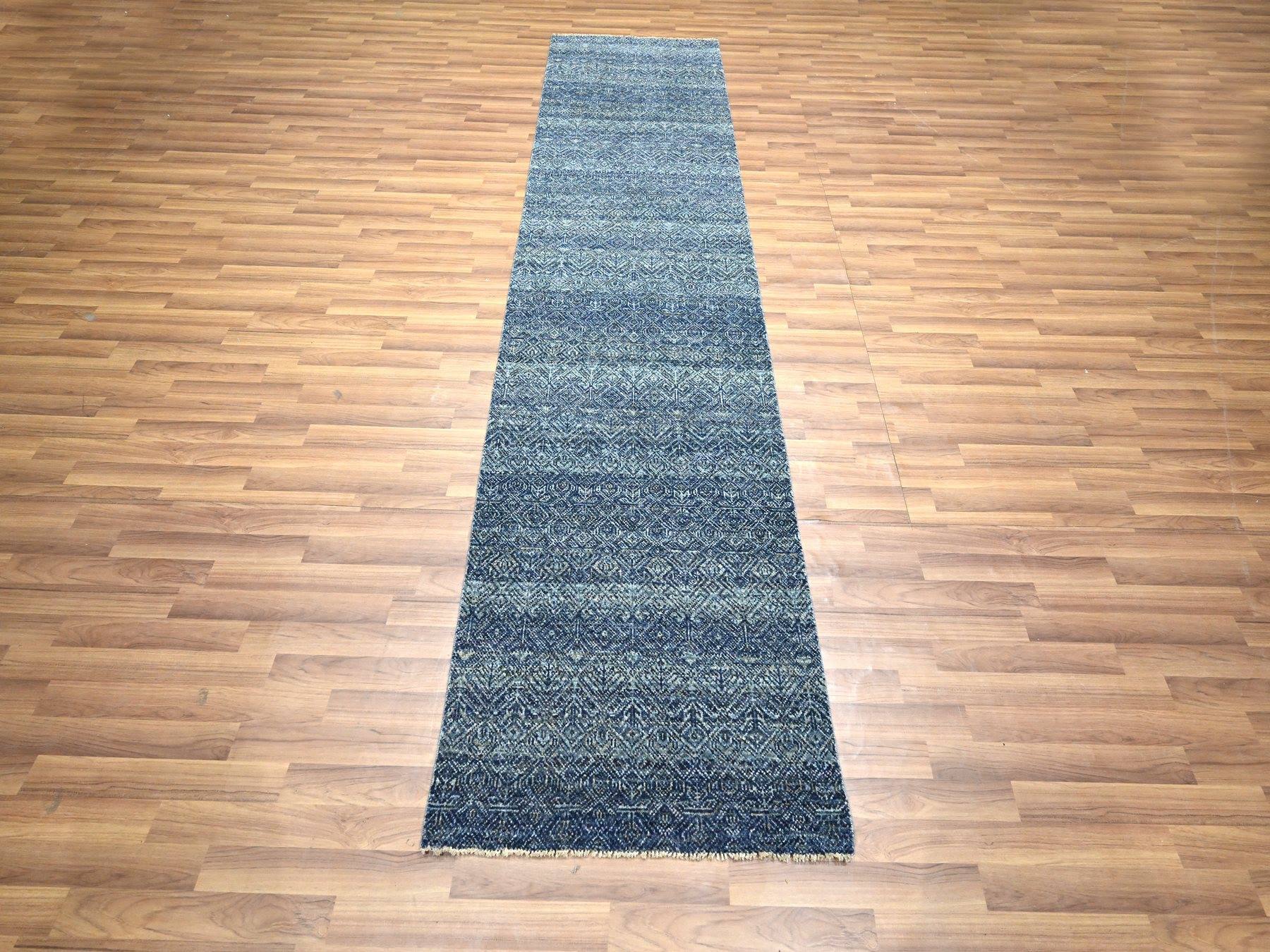Blue 2'7" x 10'2" Modern and Contemporary Hand knotted Wool Rug - Sku: O076414