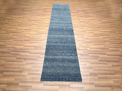 Blue 2'7" x 10'2" Modern and Contemporary Hand knotted Wool Rug - Sku: O076414