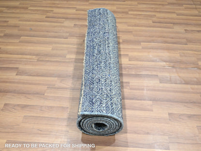 Blue 2'7" x 10'2" Modern and Contemporary Hand knotted Wool Rug - Sku: O076414