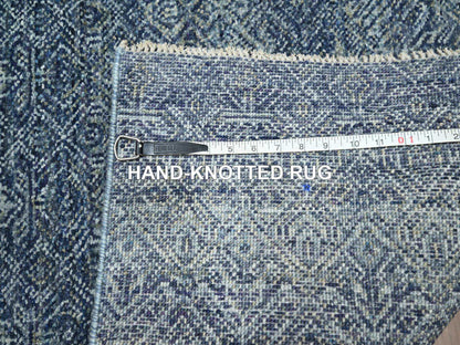 Blue 2'7" x 10'2" Modern and Contemporary Hand knotted Wool Rug - Sku: O076414
