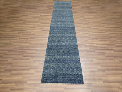 Blue 2'7" x 10'2" Modern and Contemporary Hand knotted Wool Rug - Sku: O076415