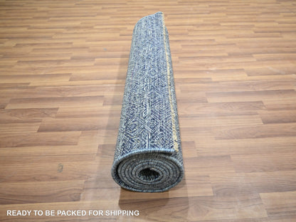 Blue 2'7" x 10'2" Modern and Contemporary Hand knotted Wool Rug - Sku: O076415