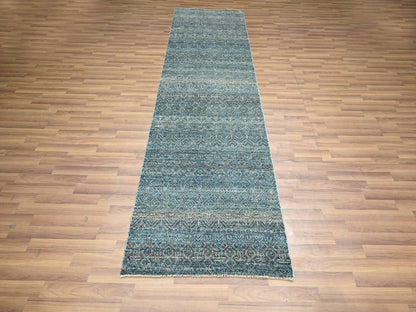 Blue 3'0" x 9'9" Modern and Contemporary Hand knotted Wool Rug - Sku: O076419