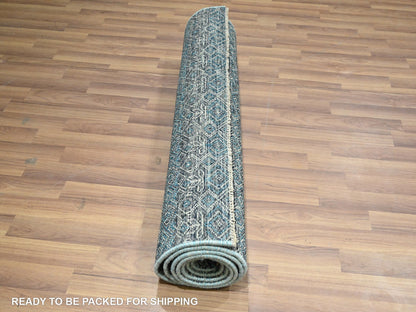 Blue 3'0" x 9'9" Modern and Contemporary Hand knotted Wool Rug - Sku: O076419