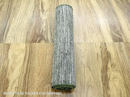 Green 2'6" x 11'10" Modern and Contemporary Hand knotted Wool Rug - Sku: O076740