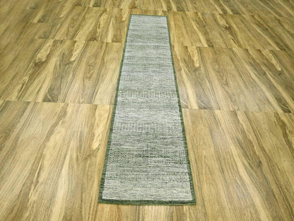 Green 2'6" x 10'0" Modern and Contemporary Hand knotted Wool Rug - Sku: O076741