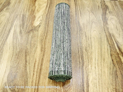 Green 2'6" x 10'0" Modern and Contemporary Hand knotted Wool Rug - Sku: O076741