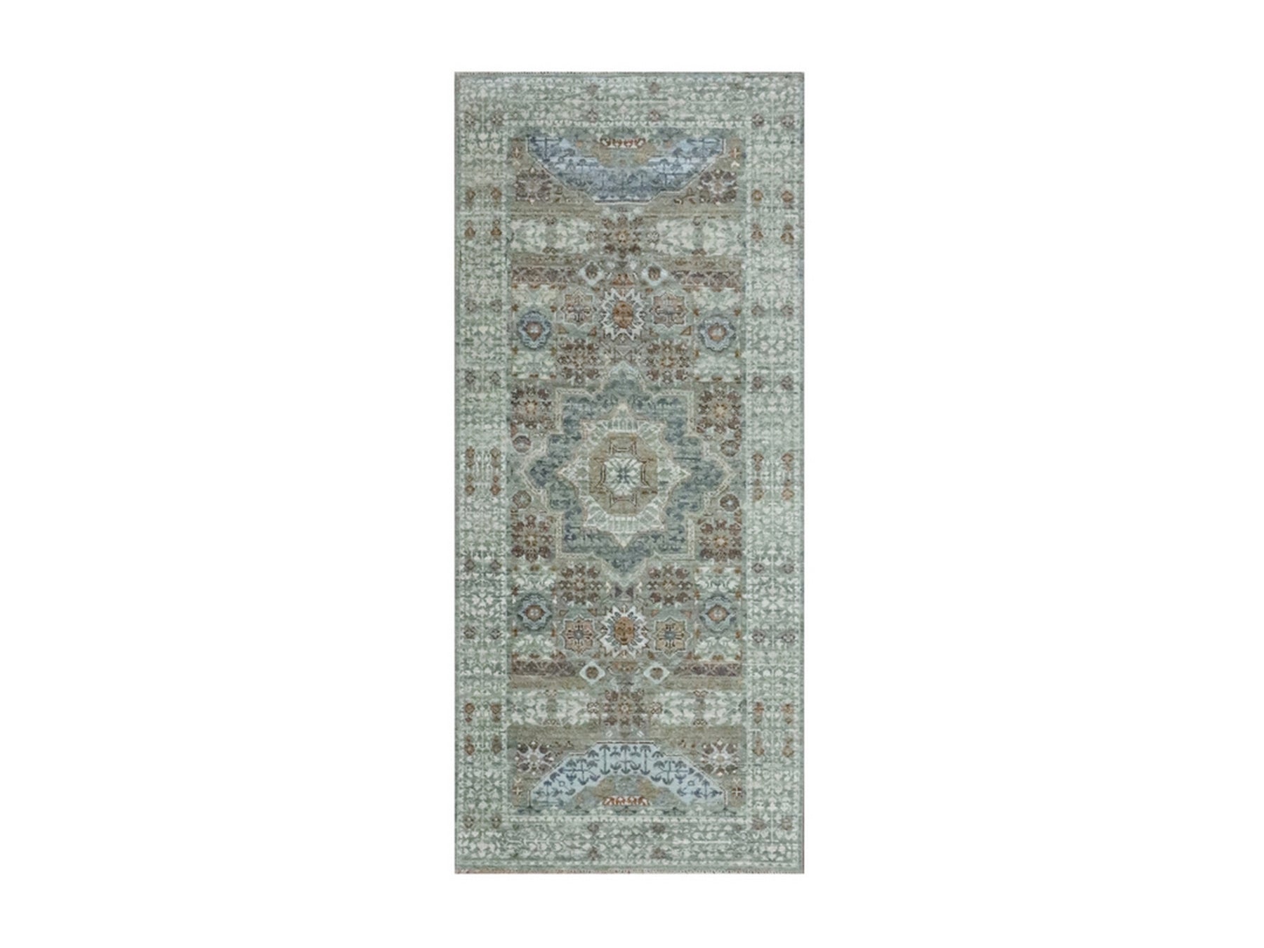 Green 2'7" x 6'3" Mamluk Hand knotted Wool Rug - Sku: O076809