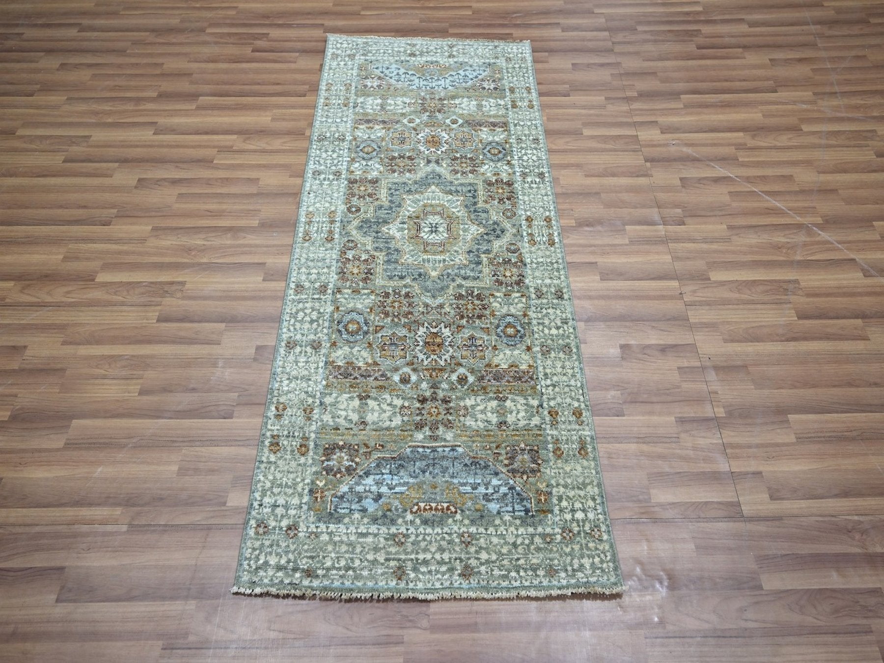 Green 2'7" x 6'3" Mamluk Hand knotted Wool Rug - Sku: O076809