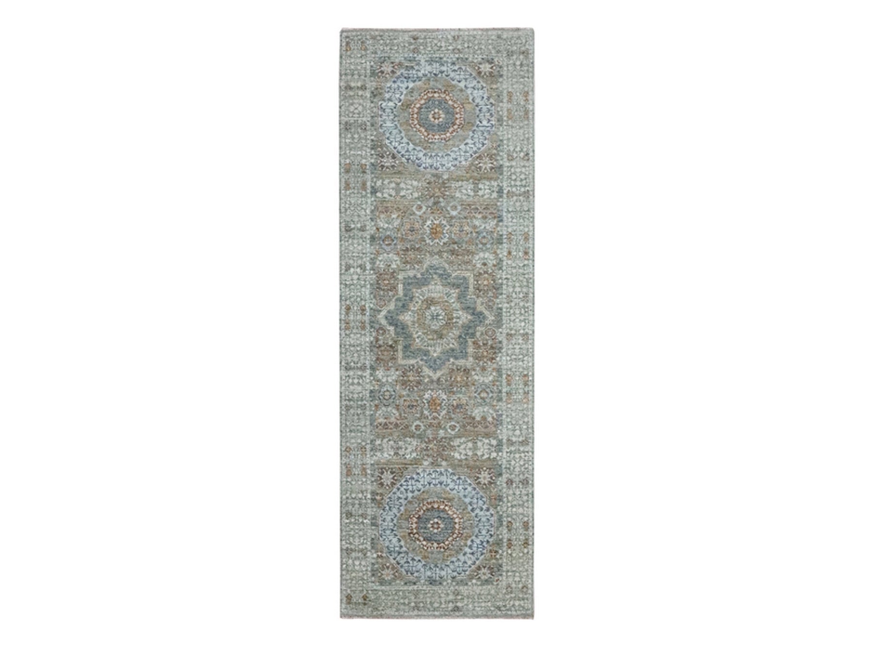Green 2'8" x 8'1" Mamluk Hand knotted Wool Rug - Sku: O076811