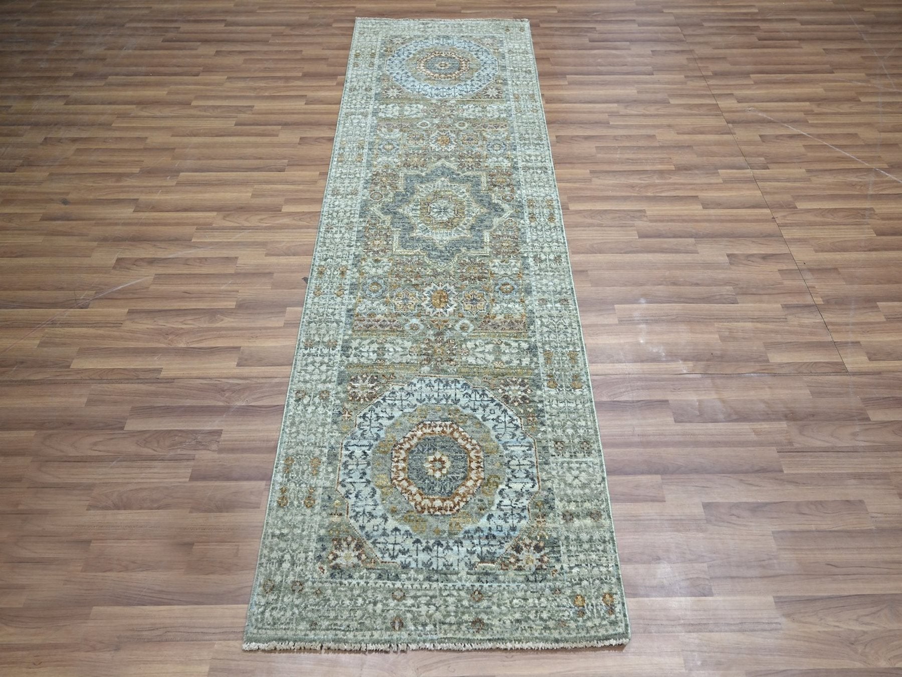 Green 2'8" x 8'1" Mamluk Hand knotted Wool Rug - Sku: O076811