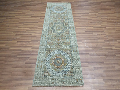 Green 2'8" x 8'1" Mamluk Hand knotted Wool Rug - Sku: O076811