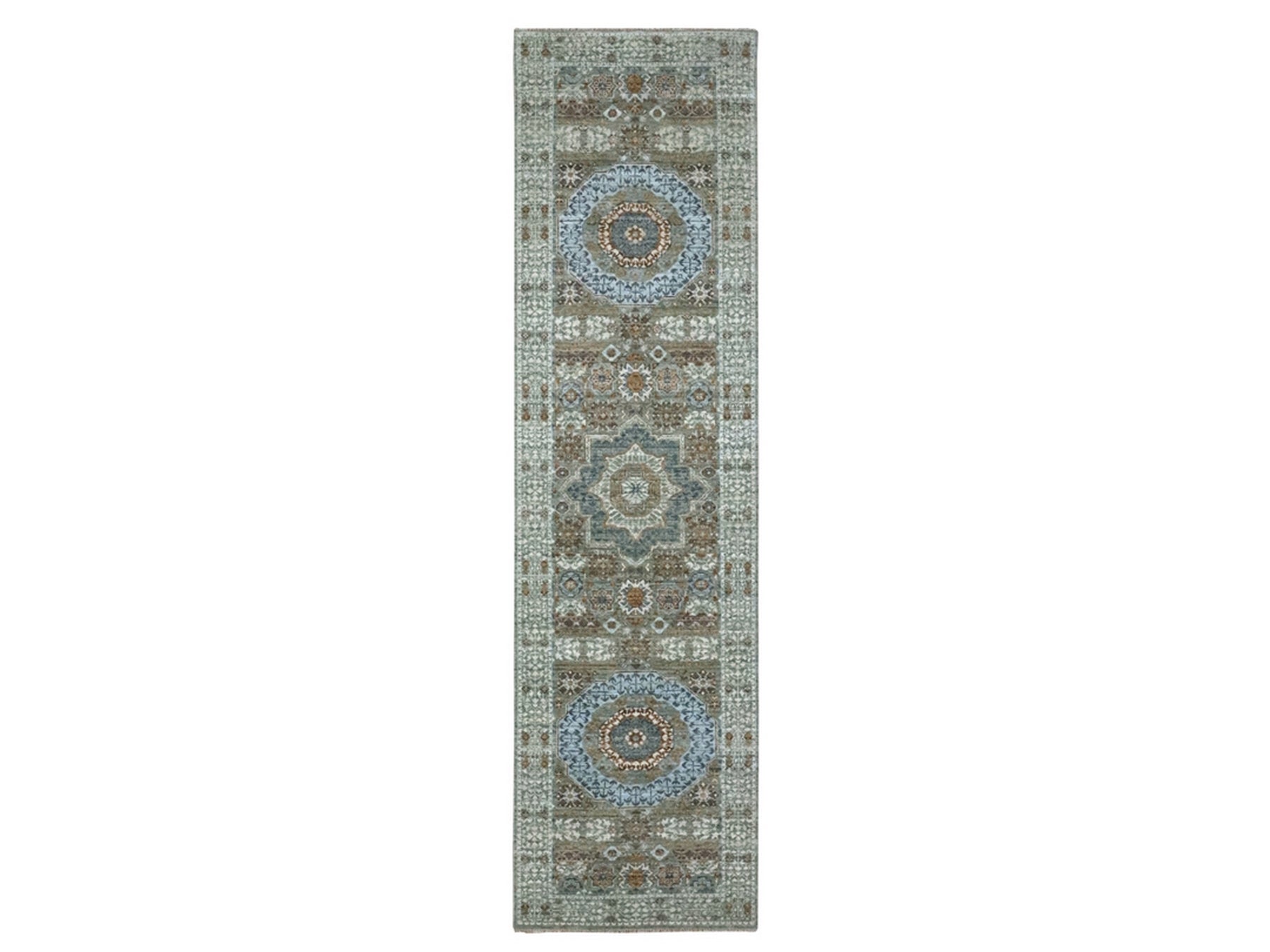 Green 2'8" x 10'4" Mamluk Hand knotted Wool Rug - Sku: O076813