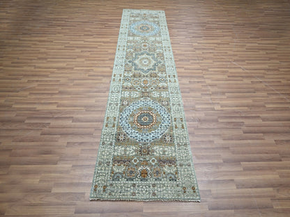 Green 2'8" x 10'4" Mamluk Hand knotted Wool Rug - Sku: O076813
