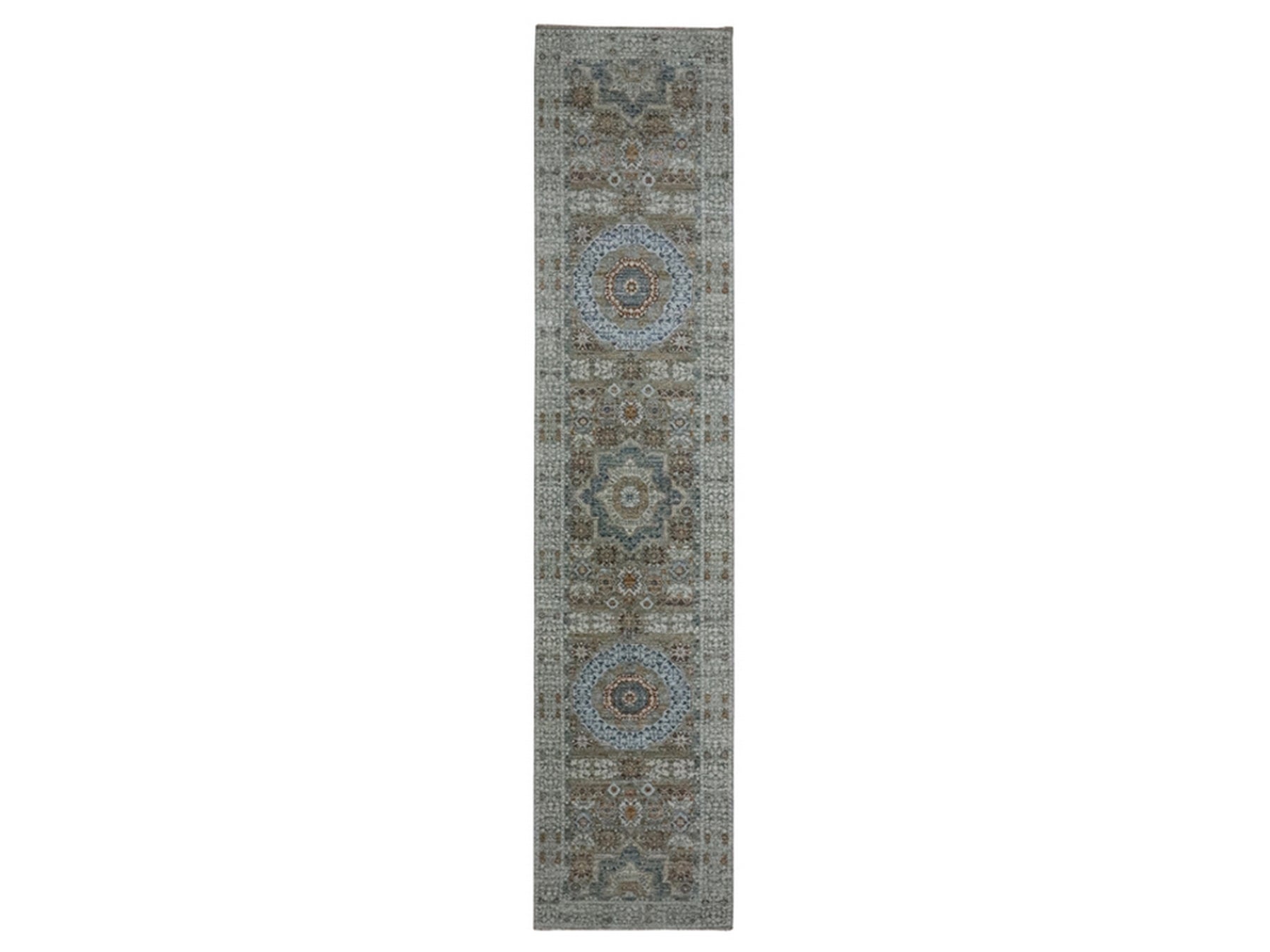 Green 2'7" x 12'1" Mamluk Hand knotted Wool Rug - Sku: O076814