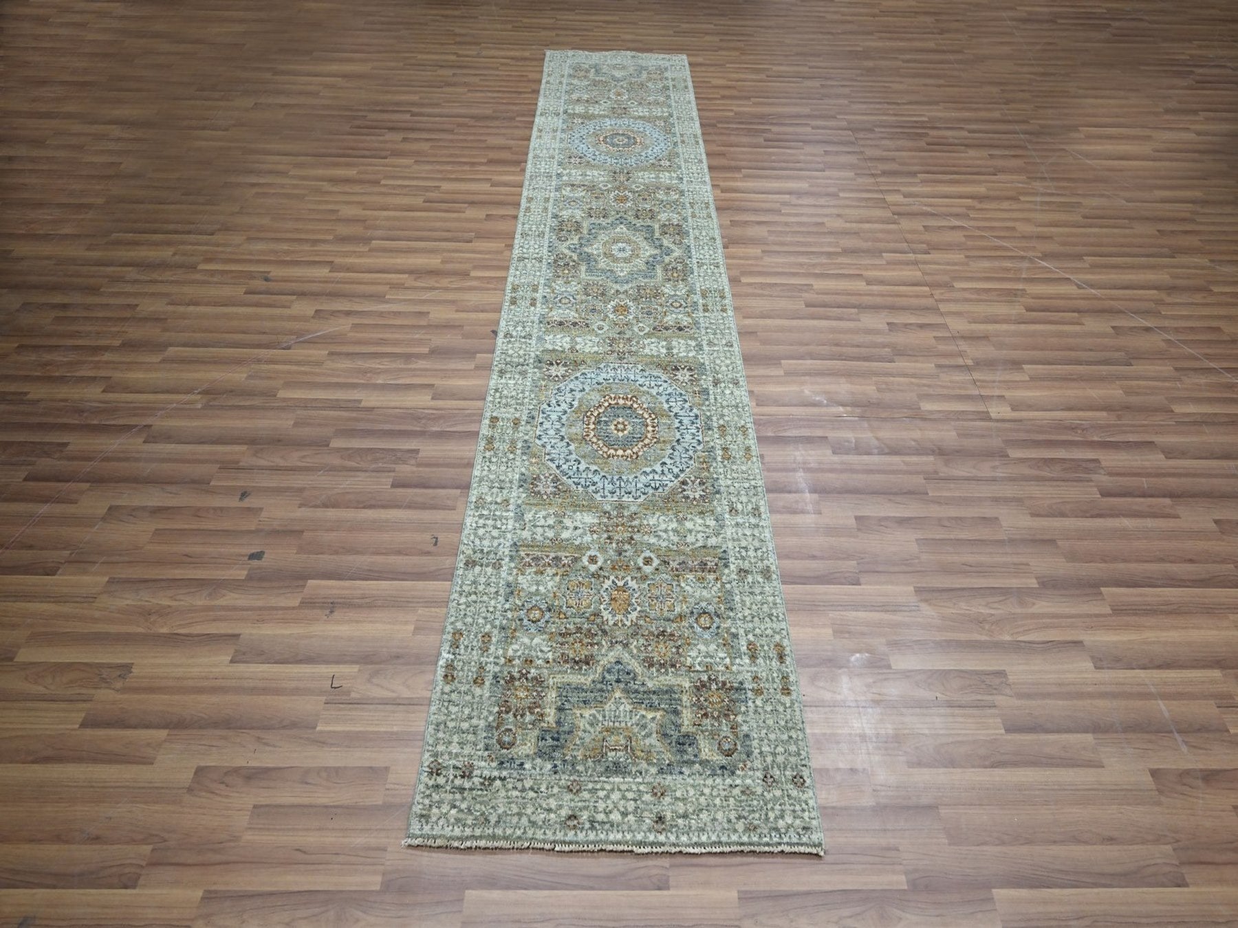 Green 2'7" x 12'1" Mamluk Hand knotted Wool Rug - Sku: O076814