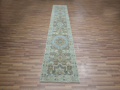 Green 2'7" x 12'1" Mamluk Hand knotted Wool Rug - Sku: O076814