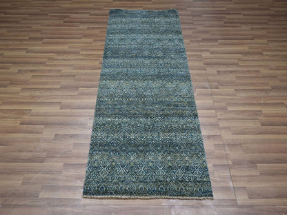 Blue 2'6" x 6'1" Modern and Contemporary Hand knotted Wool Rug - Sku: O076883
