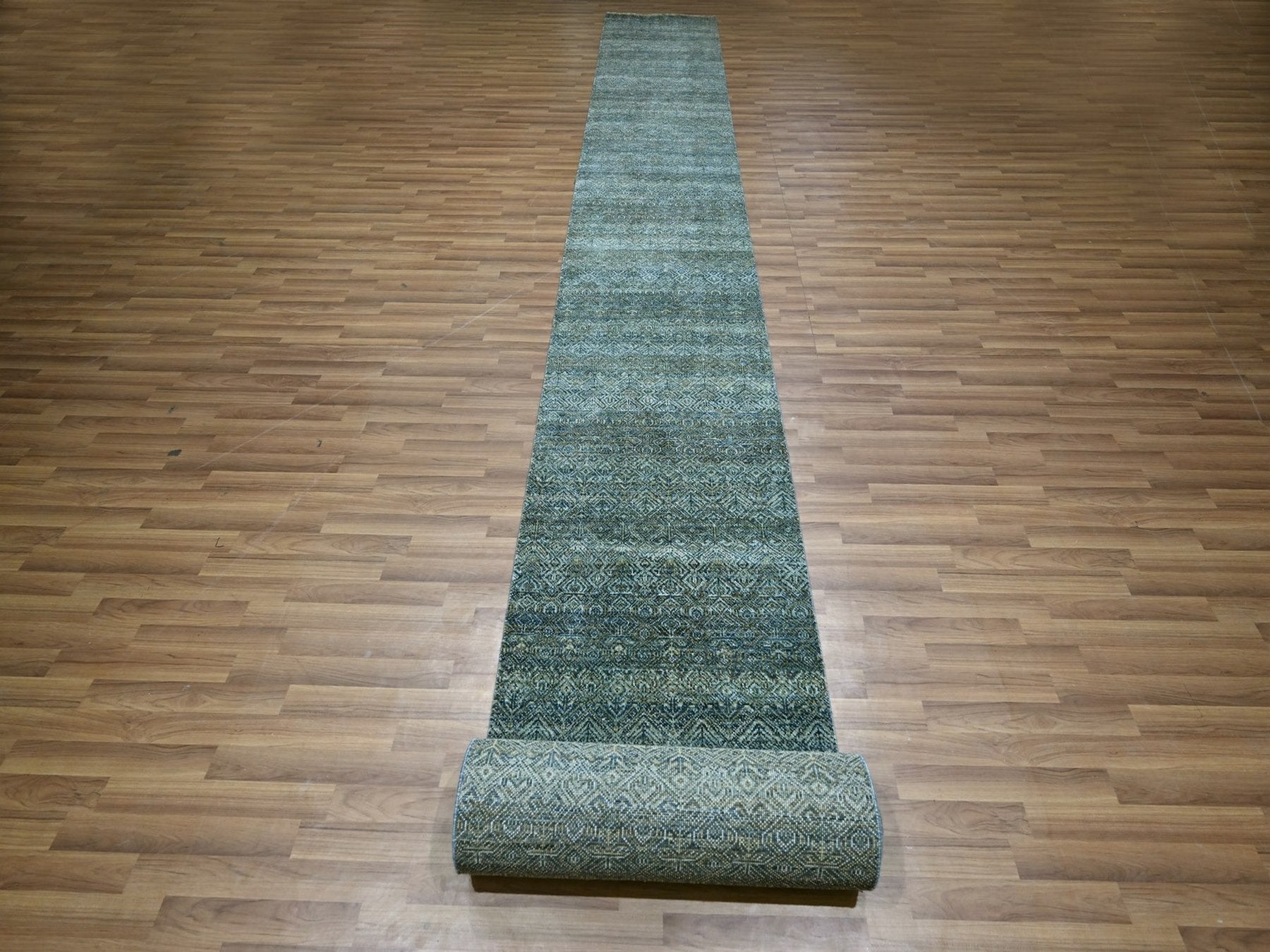 Blue 2'6" x 22'0" Modern and Contemporary Hand knotted Wool Rug - Sku: O076909