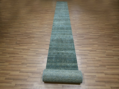 Blue 2'6" x 22'0" Modern and Contemporary Hand knotted Wool Rug - Sku: O076909