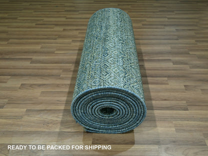 Blue 2'6" x 22'0" Modern and Contemporary Hand knotted Wool Rug - Sku: O076909