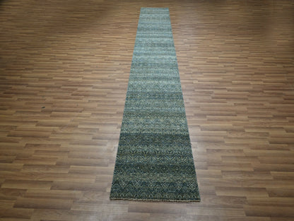 Blue 2'6" x 13'11" Modern and Contemporary Hand knotted Wool Rug - Sku: O076910