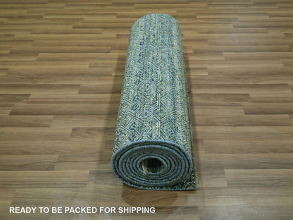 Blue 2'6" x 13'11" Modern and Contemporary Hand knotted Wool Rug - Sku: O076910