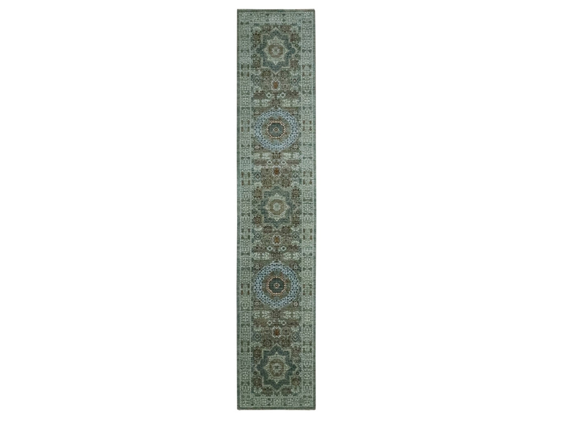 Green 2'8" x 14'0" Mamluk Hand knotted Wool Rug - Sku: O076912