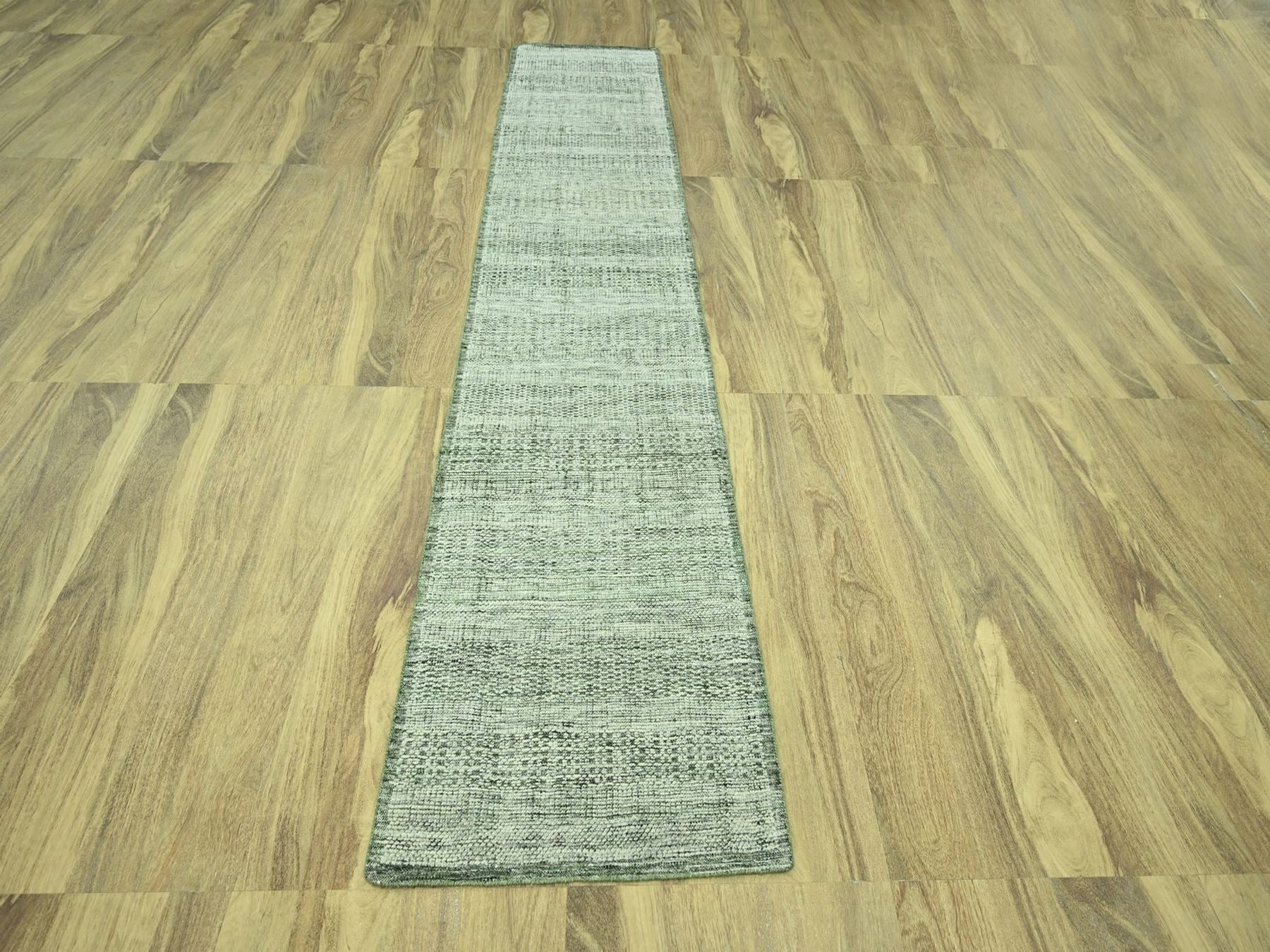 Modern / Contemporary hand-knotted wool runner in Green, 2'8" x 12' — SKU O077079 (view 2)