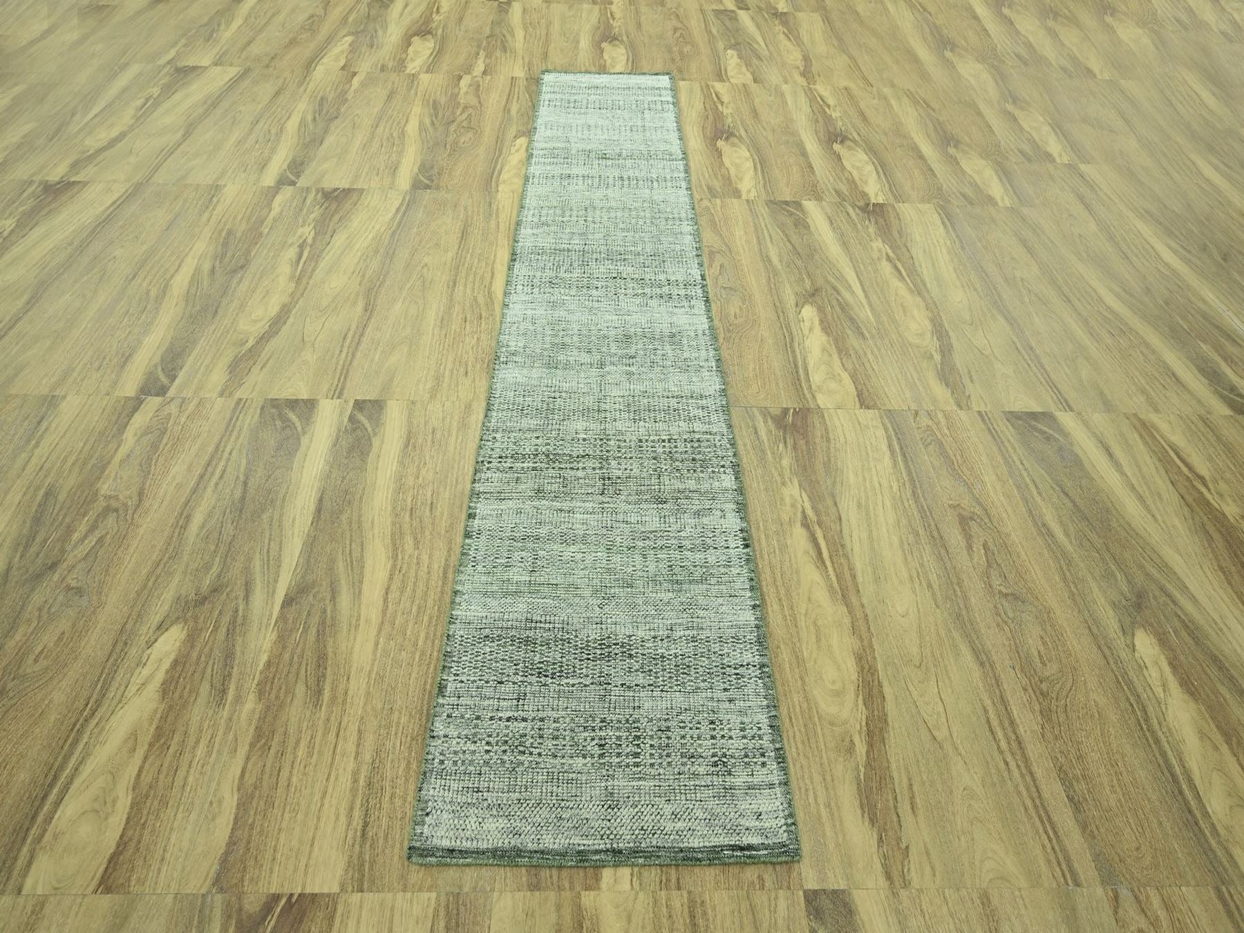 Modern / Contemporary hand-knotted wool runner in Green, 2'7" x 12' — SKU O077081 (view 2)