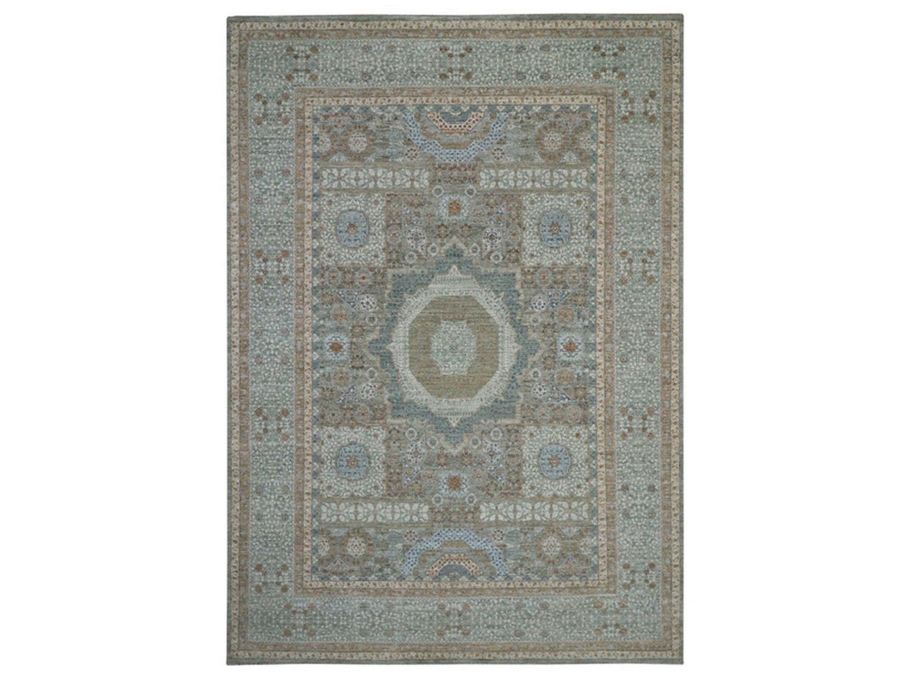 Mamluk Mamluk hand-knotted wool rug in Green & Ivory, 10' x 14'2" — SKU O077088