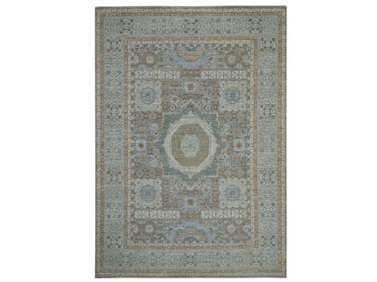 Mamluk Mamluk hand-knotted wool rug in Green & Ivory, 10' x 14'2" — SKU O077088
