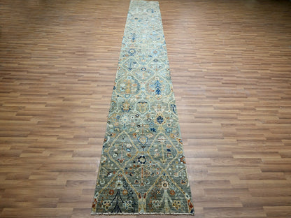 Agra Oushak hand-knotted wool runner in Green, 2'6" x 16'1" — SKU O077091 (view 2)
