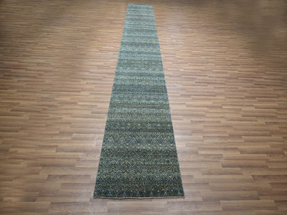 Modern / Contemporary hand-knotted wool runner in Blue, 2'7" x 16' — SKU O077092 (view 2)
